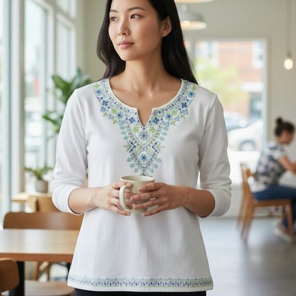 Alfred Dunner Wht/Gr/blu Embroidered Shirt Women Sz XL - Picture 1 of 6